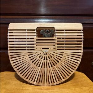 Vintage Boho Half Moon Bamboo Tote | Natural Slatted Wood Bag